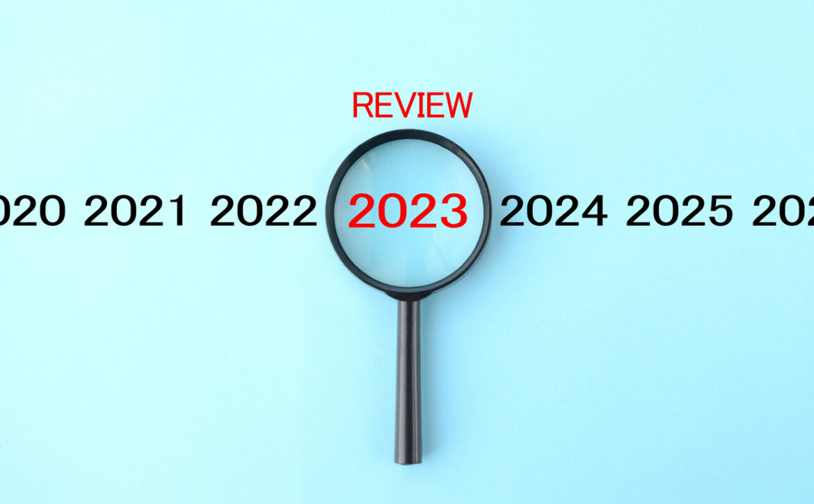 Magnifying glass and annual number 2023 with REVIEW word